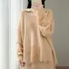 Suéter de punto para mujer, temporada otoño e invierno, estilo perezoso suave y pegajoso, cuello solapa, borde crudo con flecos, 100% lana mercerizada