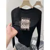 Nova camiseta de outono para mulheres, gola redonda canelada de manga longa, 100% algodão puro, moderna, versátil, rejuvenescedora, preta, modeladora, estilo casual