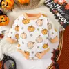 Body de Bebê Desenho Abóbora Fantasma Floral Estampa Integral Manga Longa Macacão Recém-Nascido Halloween Macacão de Bebê
