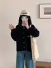 Cardigã de botões com borda enrolada, estilo coreano, simples e retrô, para mulheres, solto e casual, jaqueta de tricô versátil com manga raglan para outono e inverno