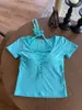 Camisa Básica Feminina Manga Curta Botões Cintura Alta Estilo Hot Girl com Top Patchwork Decote Halter Puro Desejo