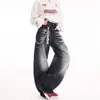 Jeans wide leg retrô americano com detalhe de bigode de gato para mulheres, novo estilo outono, lavado e com efeito desgastado, corte solto, versátil, comprimento total, calça de perna curva