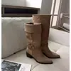 Botas Altas de Invierno Otoño 2025 Nuevas con Punta, Hebilla de Cinturón Trenzada, Tacón Grueso, Puño, Gamuza, Estilizadas, Estilo Motero