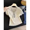Lenço de Seda Francês com Decote em V Laço Camiseta Feminina de Tricô Fino Manga Curta Design Azul Estilo Coreano Roupa Top A11863
