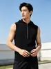 Colete sem mangas com capuz e zíper parcial em malha canelada de cor sólida estilo minimalista masculino verão novo solto transparente colete feminino