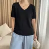 Camiseta Tricotada de Manga Curta com Decote V Vazado Texturizado em Mistura de Linho e Liocel para Mulheres, Top Simples e Elegante com Estilo Chinês