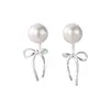 Brincos Pendentes Traseiros de Prata 925 Esterlina com Laço e Pérola para Mulheres Simples Super Fada Doces Elegantes Brincos Versáteis 8408B