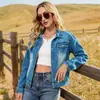 Chaqueta de mezclilla con cuello, manga larga, botones metálicos, corte holgado, hombros caídos, bloques de color, patchwork desgastado, comercio exterior transfronterizo europeo y americano.