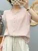 Fio de algodão lavado, camisa de manga curta para mulheres, estilo verão, design artístico e fresco, algodão macio e amigo da pele, top sem mangas