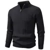 Suéter masculino de outono e inverno com gola alta e zíper parcial, em malha twill com textura retrô americana e padrão jacquard, uma camada base quente