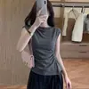 Top sem mangas com gola alta plissada para mulheres, camiseta com manga curta tipo babado, regata justa, novo estilo de verão, camisa básica versátil justa ao corpo