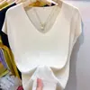 Camiseta Base de Punto Fina de Color Sólido con Cuello en V de Hilo Retorcido para Mujer, Elegante Camiseta Casual de Manga Corta de Seda de Hielo para Verano