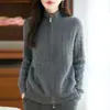 Cárdigan de Punto Grueso de Lana Pura para Mujer con Doble Cremallera Estilo Holgado Perezoso Cuello Alto Medio Abrigo Suéter Otoño Invierno