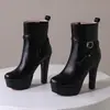 4 Plataforma de Agua Botas Retro Cremallera Lateral Botas de Tacón Alto Hebilla de Cinturón Nuevas Botas Cortas de Comercio Exterior Botas Romanas Gruesas Talla Extra Blancas Mujer
