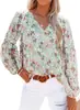 Nova Roupa Feminina Europeia e Americana Outono/Inverno Blusa de Chiffon com Decote V Manga Lanterna Feminina Camisa de Chiffon Floral com Estampa de Sangue