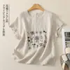 2026 Verano Nuevo Versátil Algodón y Lino Bordado Artístico Talla Grande Camiseta de Manga Corta con Cuello Redondo para Mujer