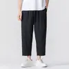 Pantalones Casuales Sueltos de Lino de Imitación Finos de Verano Talla Grande Estilo Japonés Pantalones Rectos de Nueve Puntos Retro Tendencia para Hombre Estilo Chino