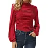 Camiseta de Manga Larga con Mangas de Farol, Cuello Alto, Plisada, Ajustada, Color Sólido, Ropa para Mujer, Transfronteriza Europea y Americana, Nueva en Amazon, Primavera 2024