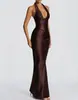 Vestido Largo Bodycon Elegante para Fiesta, Efecto Seda Maillard, Ceñidor de Cintura, Para Mujer, Disponible en Múltiples Colores, Poliéster Verde
