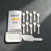 Conjunto de talheres descartáveis totalmente biodegradáveis ecológicos para bolo em polpa de papel - conjunto de faca-garfo-prato - conjunto de prato retangular e garfo de papel