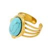Anillo de estilo retro europeo y americano con piedra natural, acero inoxidable, chapado en oro de 18 quilates, con borde cruzado y turquesa, abierto.