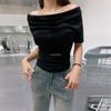 Top Curto de Verão Europeu e Americano Transfronteiriço Cor Sólida Gola Swing Cintura Ajustada Slim Fit Camiseta de Manga Curta para Mulheres Pg9625