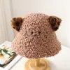 Chapéu de Pescador de Pelúcia Quente Versátil para Exterior, Chapéu Balde Gato com Bordado de Orelhas, Estampa de Leopardo Fofa, Versão Coreana de Inverno