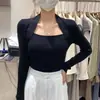 Nueva Camiseta Ajustada Otoño/Invierno para Mujer, Top de Manga Larga de Punto Base Cuadrado, Estilo Diseñador, Nicho, Negro