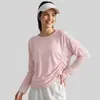 Top de yoga de manga longa 100% poliéster para mulheres, para primavera e verão, com sensação de pele nua, alta elasticidade, camiseta fitness modeladora.