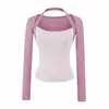 Estilo puramente seductor con diseño de color contrastante, camiseta ajustada de manga larga con cuello halter para mujer, base de camisa de dos piezas simulada, top corto dulce y picante