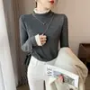Blusa de Cashmere Espessa Feminina Outono e Inverno Lã Gola Semi-alta Renda Camiseta de Manga Longa Estilo Ocidental Camiseta Térmica