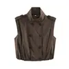 Atacado transfronteiriço de moda feminina de outono: Colete versátil, estilo francês, com gola alta, de abotoamento duplo e sem mangas, com detalhes plissados.