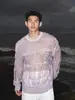 Tejido de punto hueco estilo Wabi-Sabi perezoso, de malla transparente suelta de manga larga masculina con flecos rasgados, ropa de moda