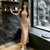 Vestido Longo de Verão Feminino, Cor Sólida, Gola V, Pregueado, Slim Fit, Cintura Marcada, Valoriza a Silhueta, Aderente aos Quadris, Estilo Sereia, Transfronteiriço