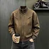 Jaqueta Masculina Harrington de Couro PU com Gola Alta Outono Inverno Retrô Workwear Tie-Dye Roupa de Motociclista Jaqueta Curta