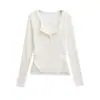 Estilo Coreano Cor Café Ombro Direito Falso Duas Peças Decote V Slim Top para Mulheres Início do Outono Curto Chique Camiseta de Manga Longa para Camadas