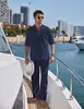 Primavera 2026 Comercio Exterior Amazon Más Vendido Conjunto de Camisa Henley Casual de Lino y Algodón de Color Sólido para Hombre + Pantalones