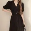 Nuevo Vestido Largo de Verano 2026 Estilo Coreano Chic con Cuello de Solapa, Adelgazante, Plisado y con Cinturón