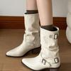 Botines Blancos de Tacón Grueso y Punta Fina para Mujer Otoño Temprano Nuevos Botas Estilo Británico Hebilla de Cinturón Elegantes Botas de Media Pantorrilla