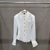 Camisa Feminina de Manga Longa Slim-Fit Vintage com Decoração de Penas e Botões Dourados para Outono/Inverno 2026, Traje Elegante e Luxuoso para Moda Transfronteiriça