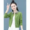 Cardigan de tricô com gola, estilo comércio exterior, etiqueta cortada, para mulheres, corte solto, nova coleção primavera/outono, design falso de duas peças, jaqueta de tricô color-block, adequado para figuras petite