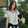 Camiseta blanca de manga corta con retazos de encaje y cuello en V para mujer, estilo fino de verano, casual coreano de corte holgado, top adelgazante y versátil