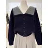 Suéter Cardigan Listrado com Gola de Marinheiro Feminino Moda 2026 Outono Novo Top de Tricô Estiloso