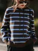 Outono e Inverno 2026 Novo Casaco Estiloso Retrô Tricô Listrado com Capuz Peça de Sobreposição Suéter Blusa Solta Feminina