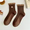 Meias Novas de Meia-Cança para Primavera e Outono na Cor Café com Renda de Laço, Meias Longas Slouch Versáteis da Moda para Mulheres