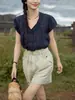 Camisa Solighte Ramie Retrô Francesa Decote V Feminina Verão 2025 Nova Slim Solta Top