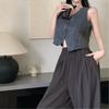 Chaleco Interior Negro sin Mangas Estilo Tweed Verano Look Adelgazante Top Exterior Corto y Pantalón Conjunto de Dos Piezas