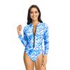 [Maiô esportivo competitivo europeu e americano para mulheres] manga comprida multicolorido estampado com zíper peça única roupa de snorkeling surfe para mulheres