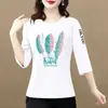 Superávit de comercio exterior transfronterizo, blusas para mujeres de mediana edad y mayores, talla petite, corte holgado, estampadas, versátiles, camiseta de manga tres cuartos