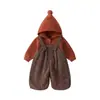 Suéter con capucha de forro polar, engrosado, simple con pompón para bebés y niños pequeños, nuevo conjunto de overol de lunares de invierno para niñas